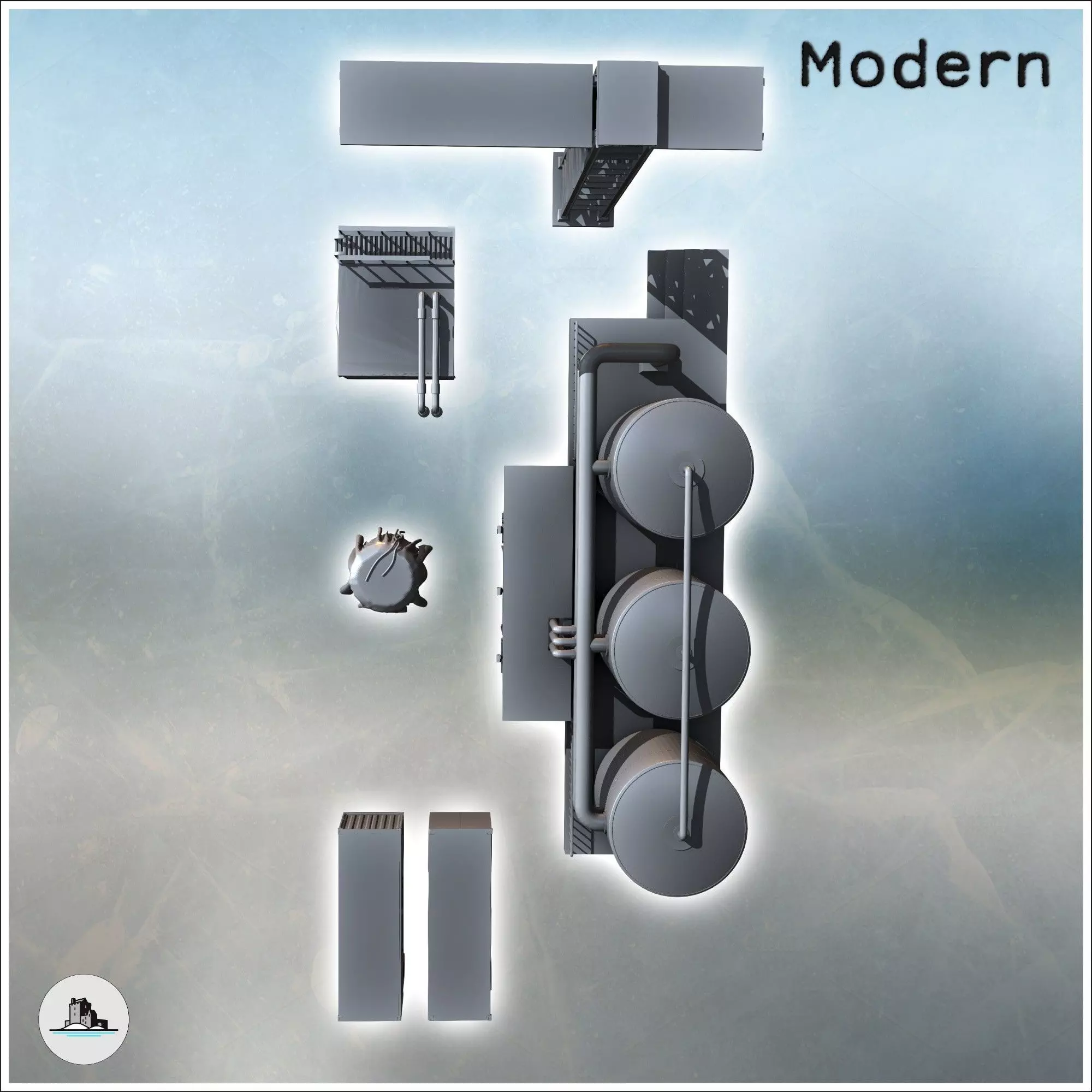 Set of industrial buildings with a crane tank triple tanks and c 3D print model_4