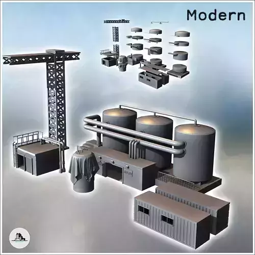 Set of industrial buildings with a crane tank triple tanks and c