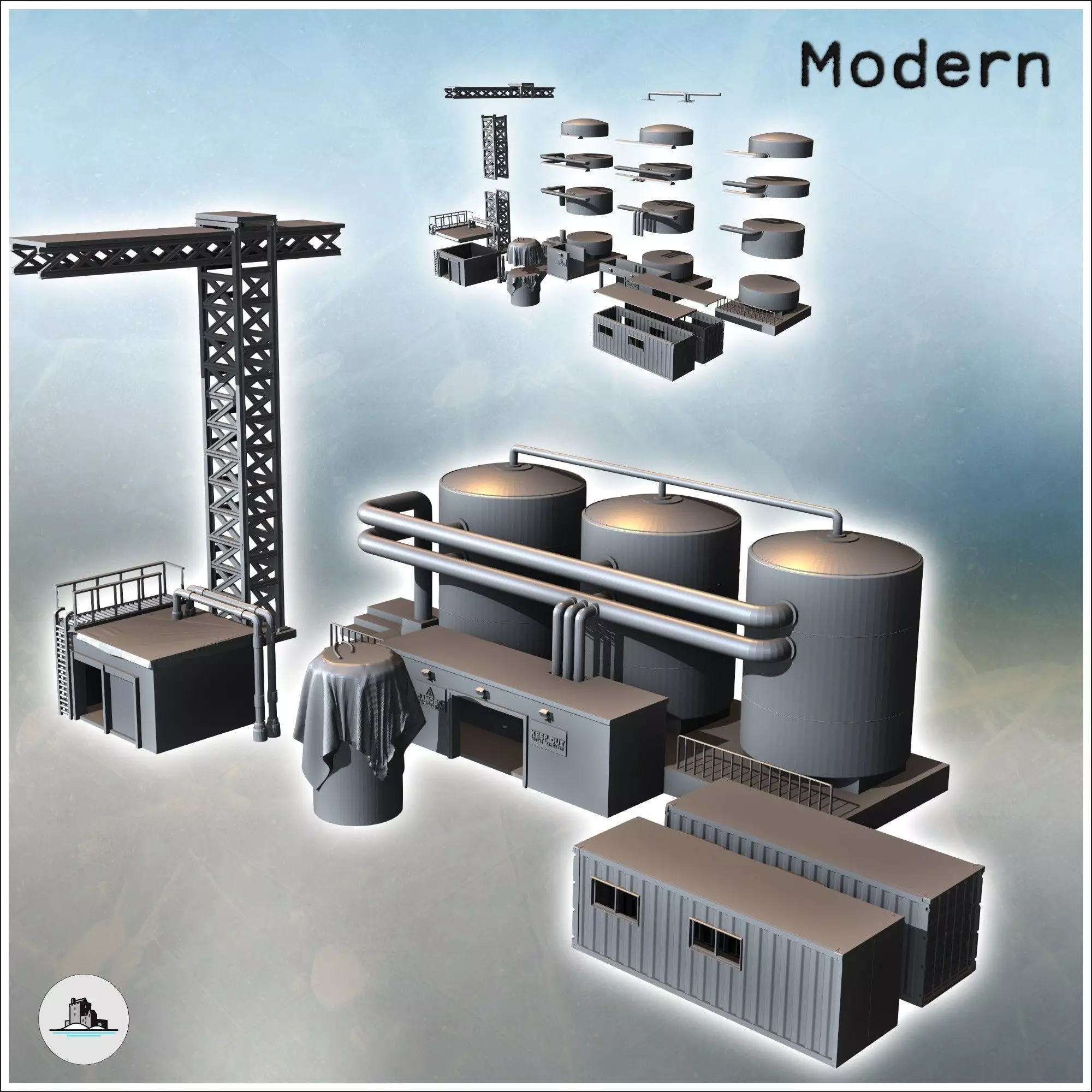 Set of industrial buildings with a crane tank triple tanks and c 3D print model_0