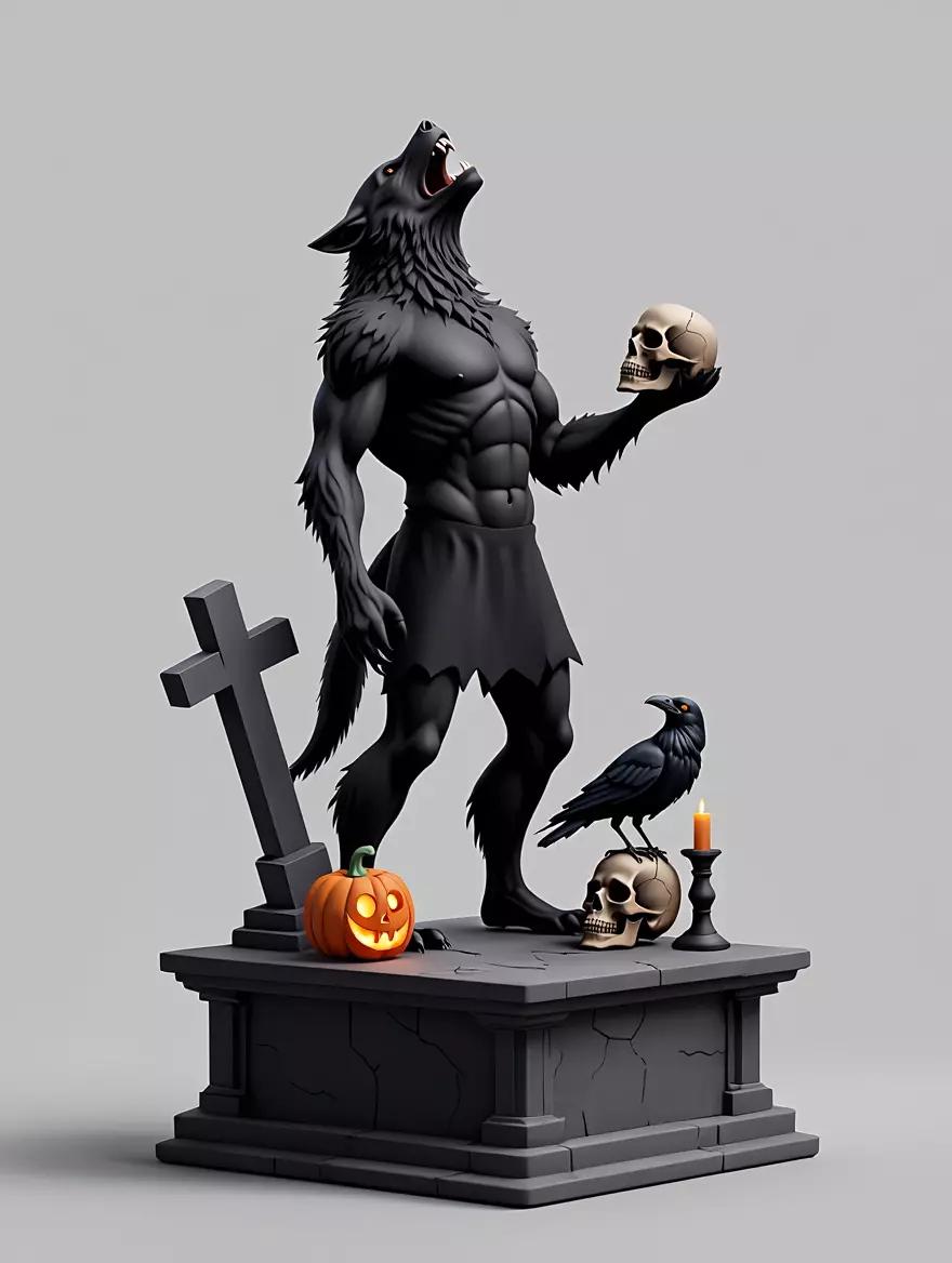 2621COLOR Werewolf Howling with Skull 3D Model 3d stl 3D print model