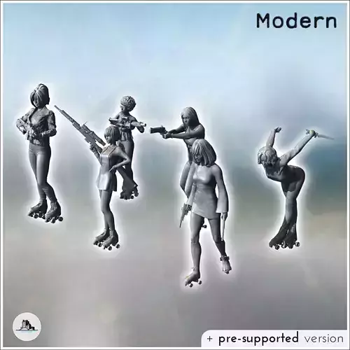 Set of six armed rollerblading women with assault rifles and kni