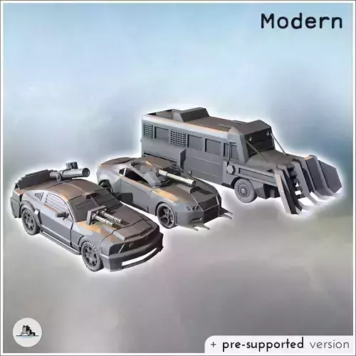Set of three post-apocalyptic vehicles with improvised armaments