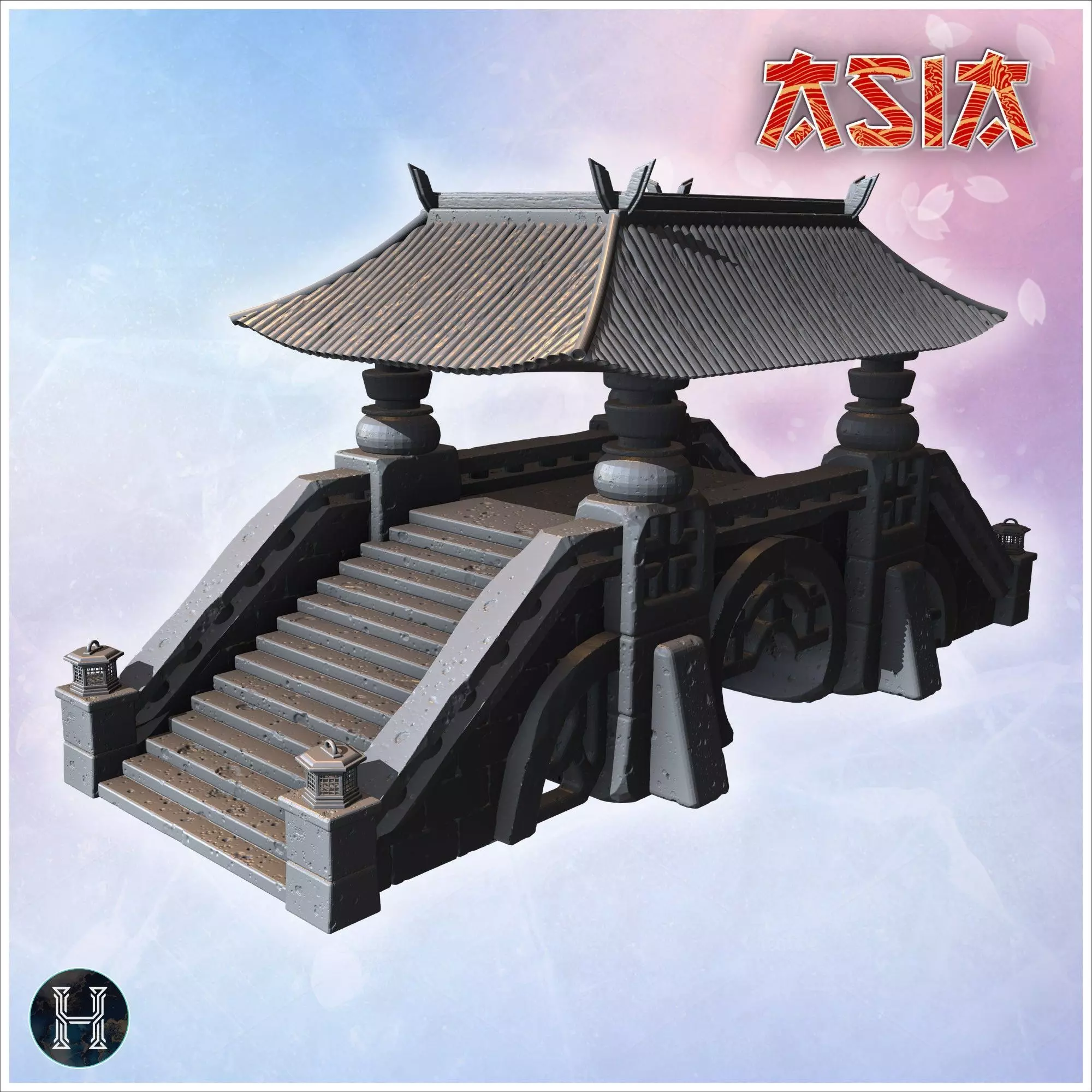 Covered stone bridge with Asian-style roof wide staircases decor 3D print model_1