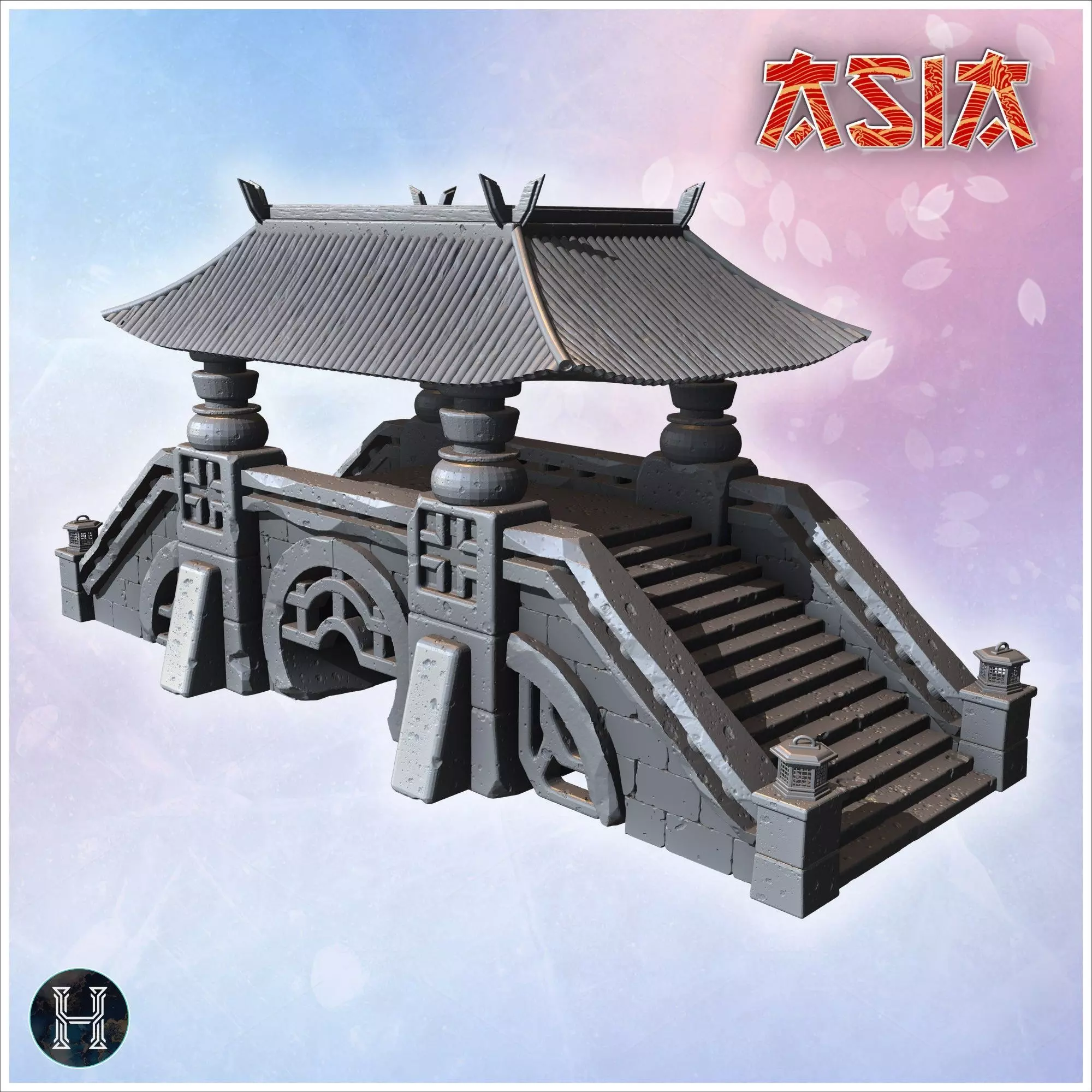 Covered stone bridge with Asian-style roof wide staircases decor 3D print model_0