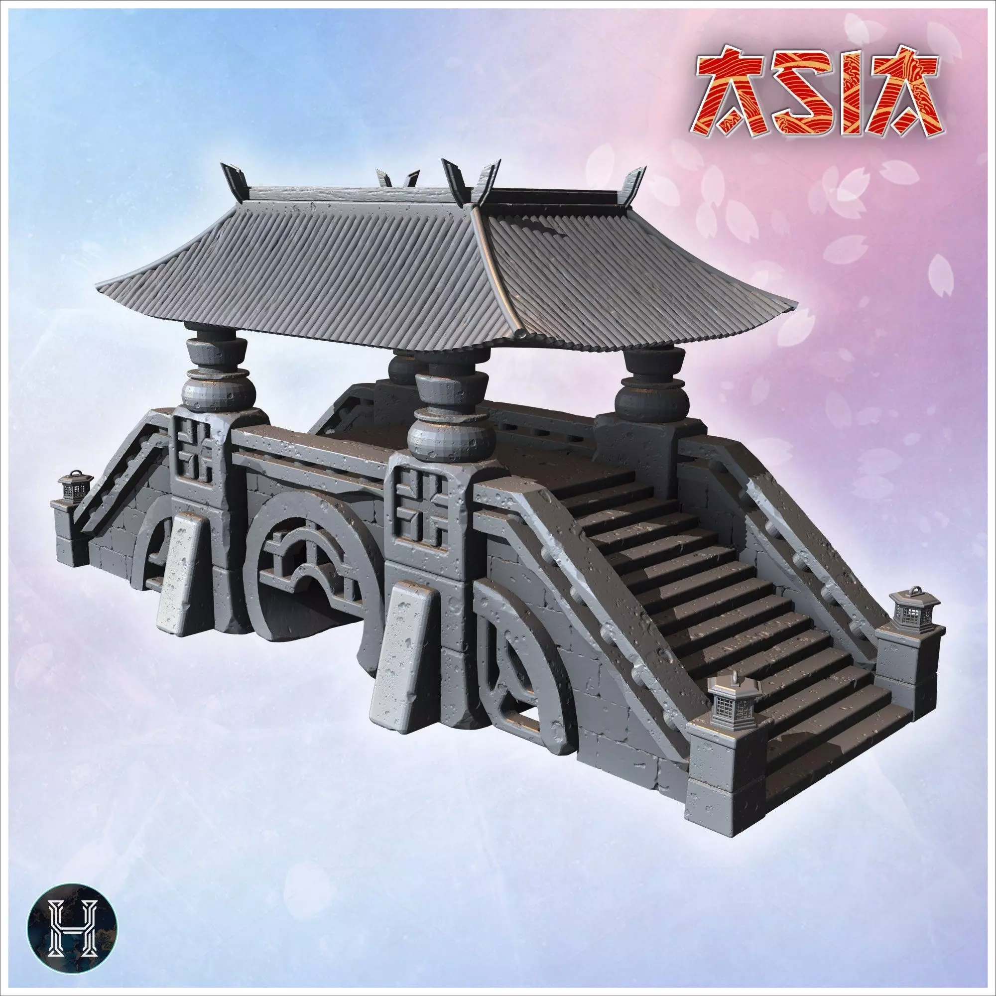 Covered stone bridge with Asian-style roof wide staircases decor 3D print model_10