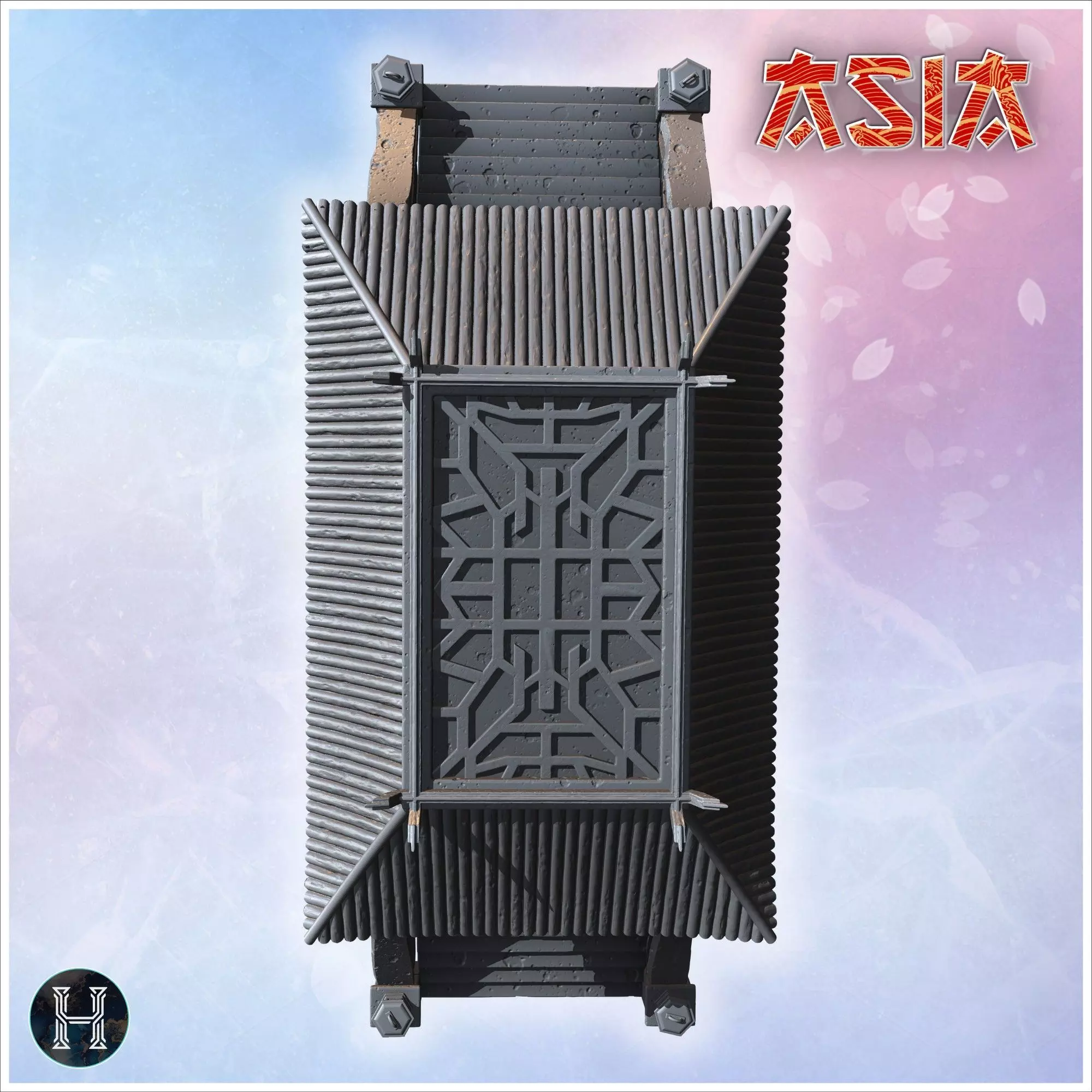 Covered stone bridge with Asian-style roof wide staircases decor 3D print model_3