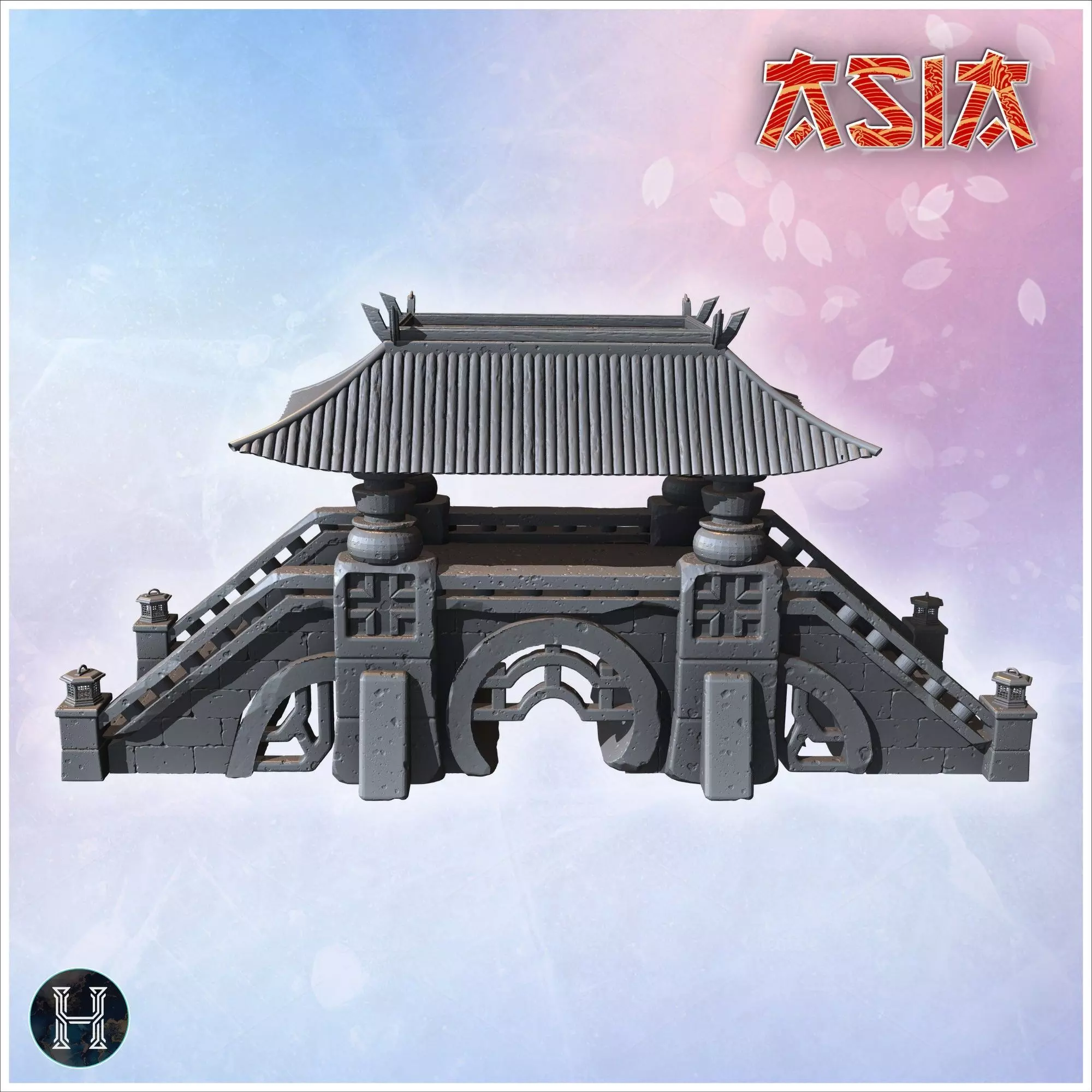 Covered stone bridge with Asian-style roof wide staircases decor 3D print model_11