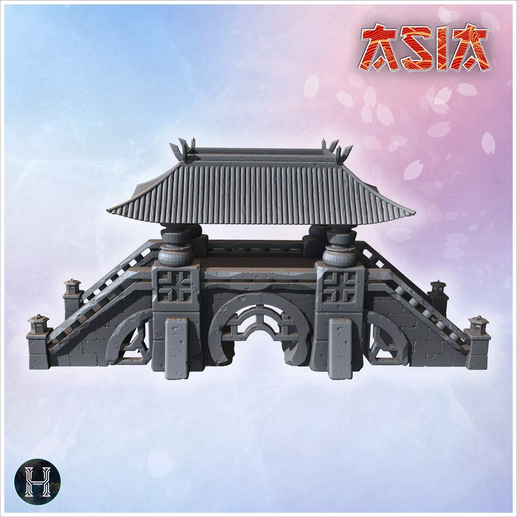Covered stone bridge with Asian-style roof wide staircases decor 3D print model_6