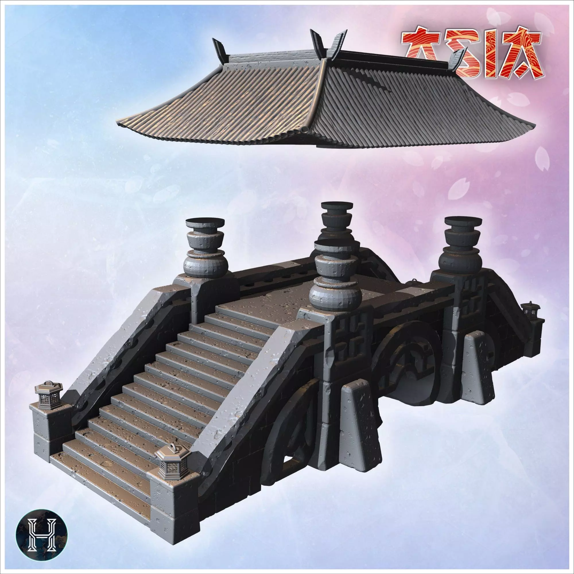 Covered stone bridge with Asian-style roof wide staircases decor 3D print model_7