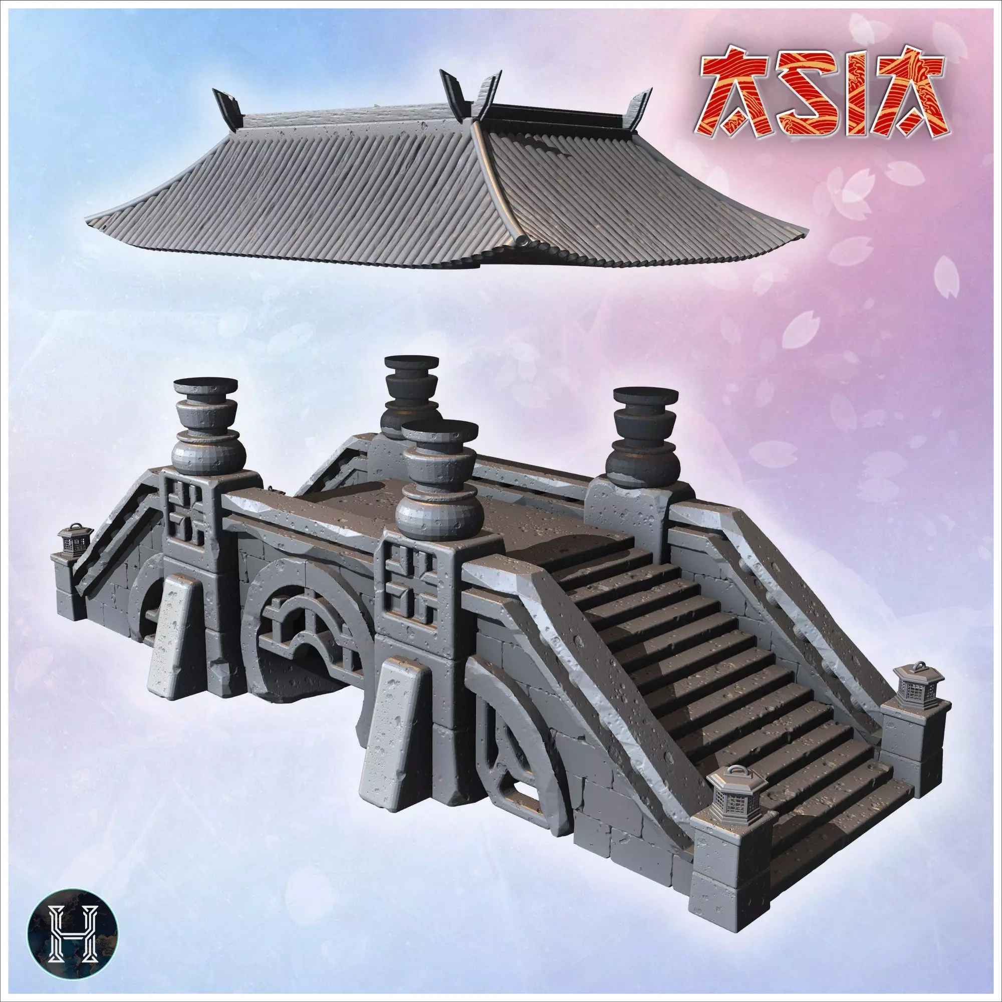Covered stone bridge with Asian-style roof wide staircases decor 3D print model_5