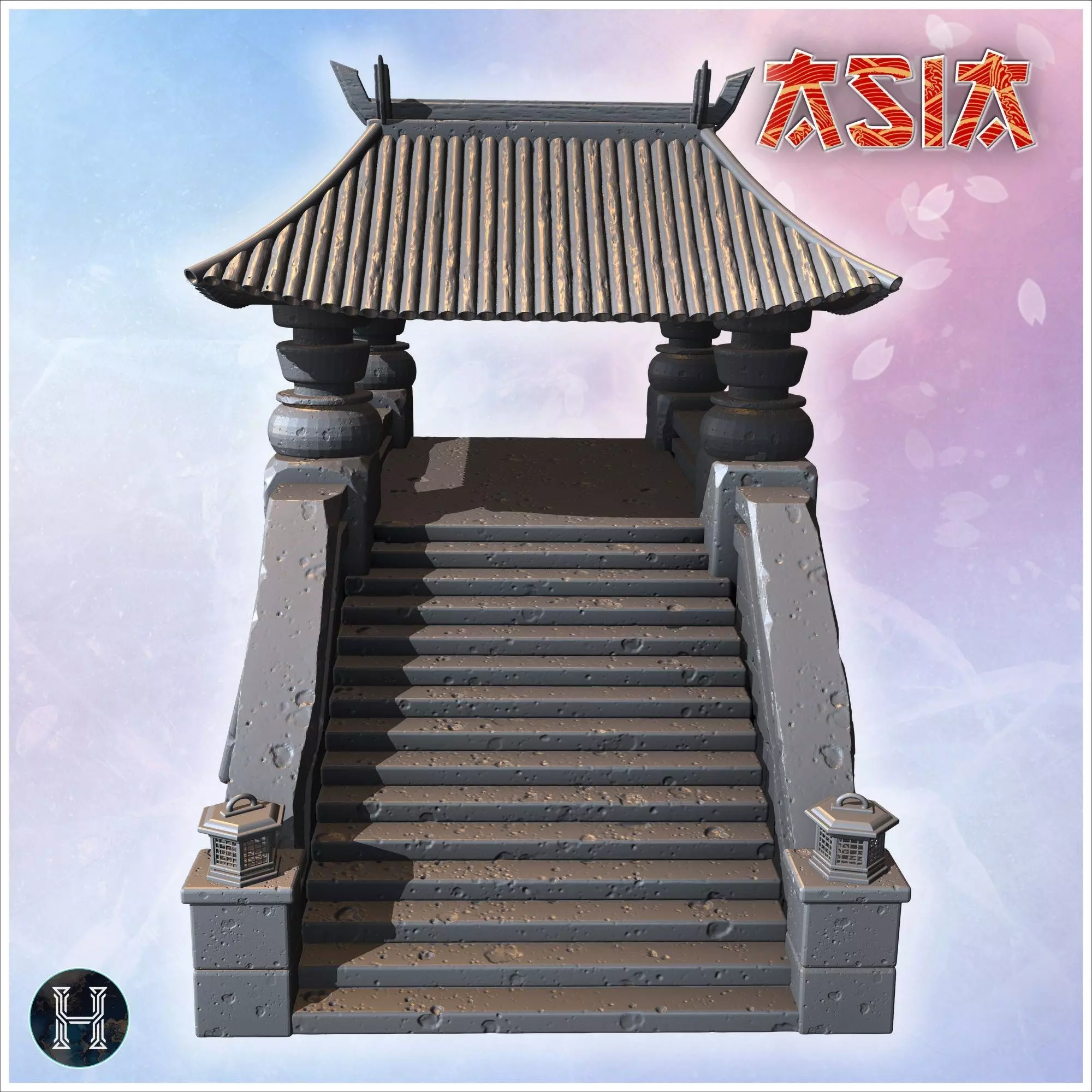 Covered stone bridge with Asian-style roof wide staircases decor 3D print model_9