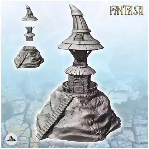 Large fantastic medieval tower on rocky promontory and curved ro