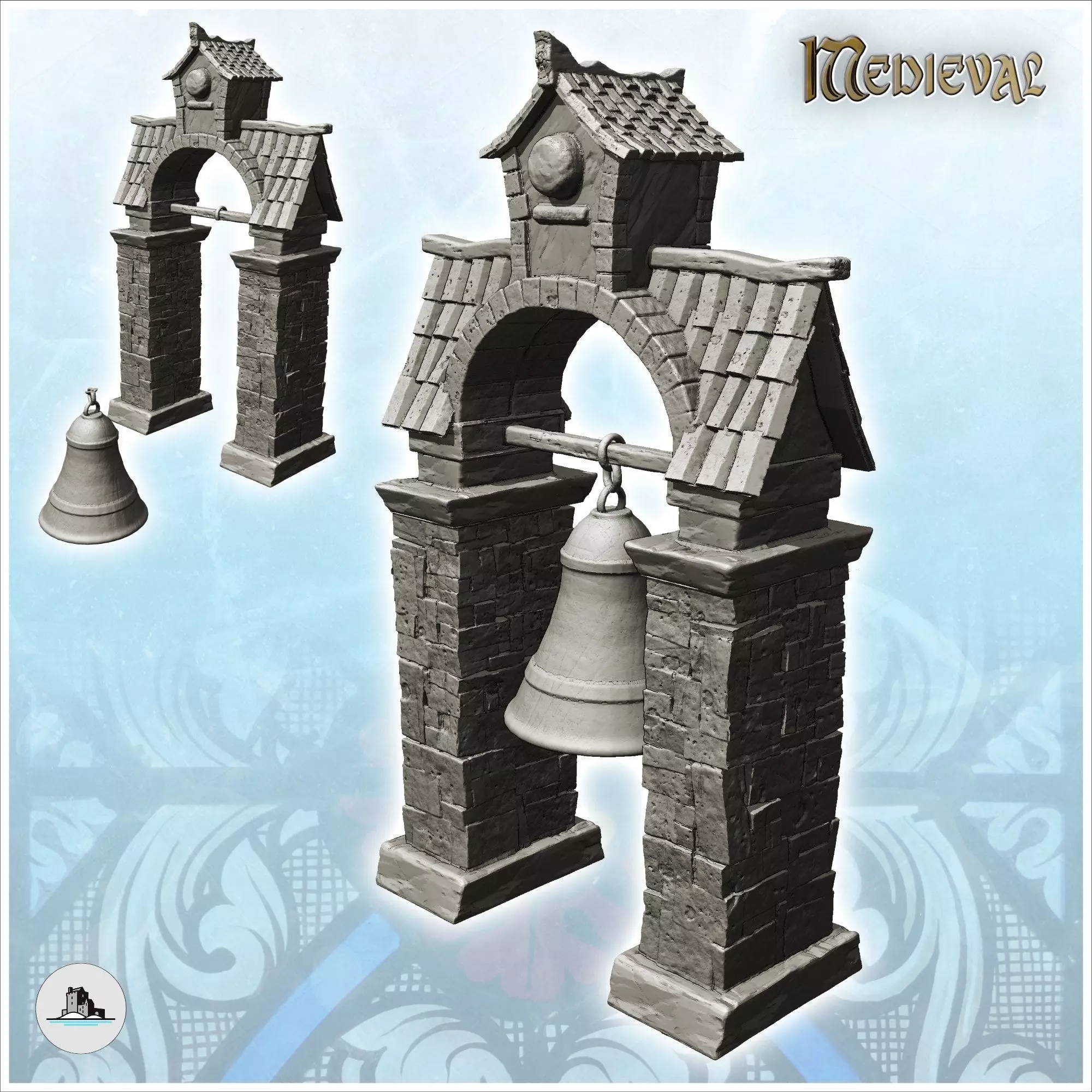 Medieval bell on stone supports and tiled roof 10 - Medieval Got 3D print model_0