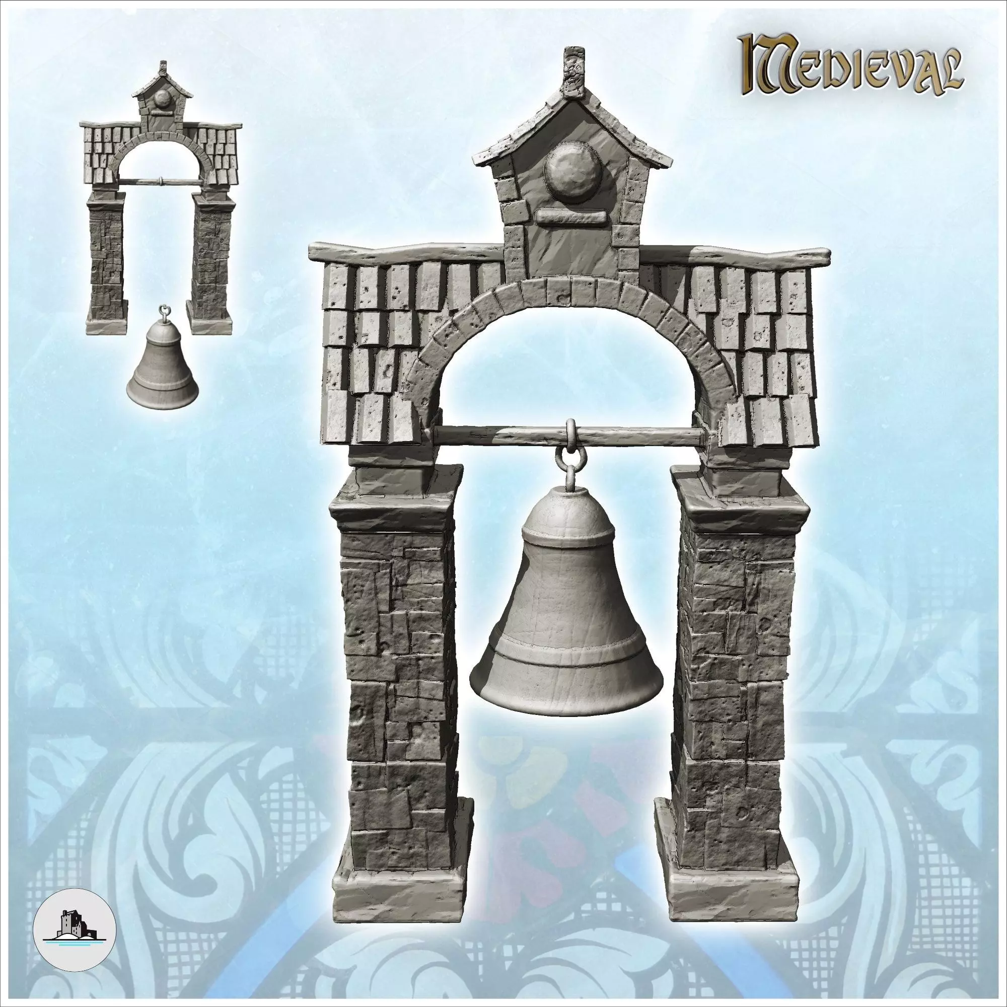 Medieval bell on stone supports and tiled roof 10 - Medieval Got 3D print model_1