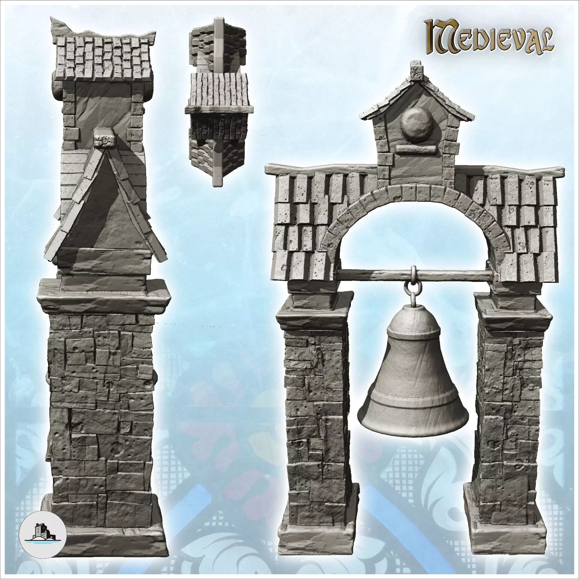 Medieval bell on stone supports and tiled roof 10 - Medieval Got 3D print model_3