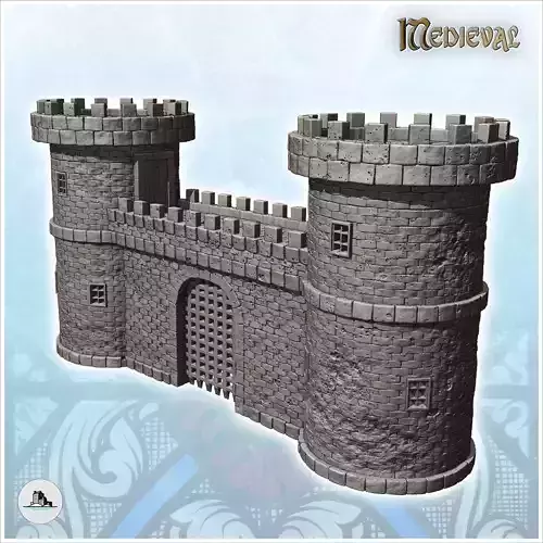 Medieval fortified entrance with double towers and metal portcul 3D print model