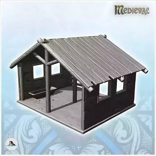 Open medieval stable with drinking trough and wooden roof 17 - M