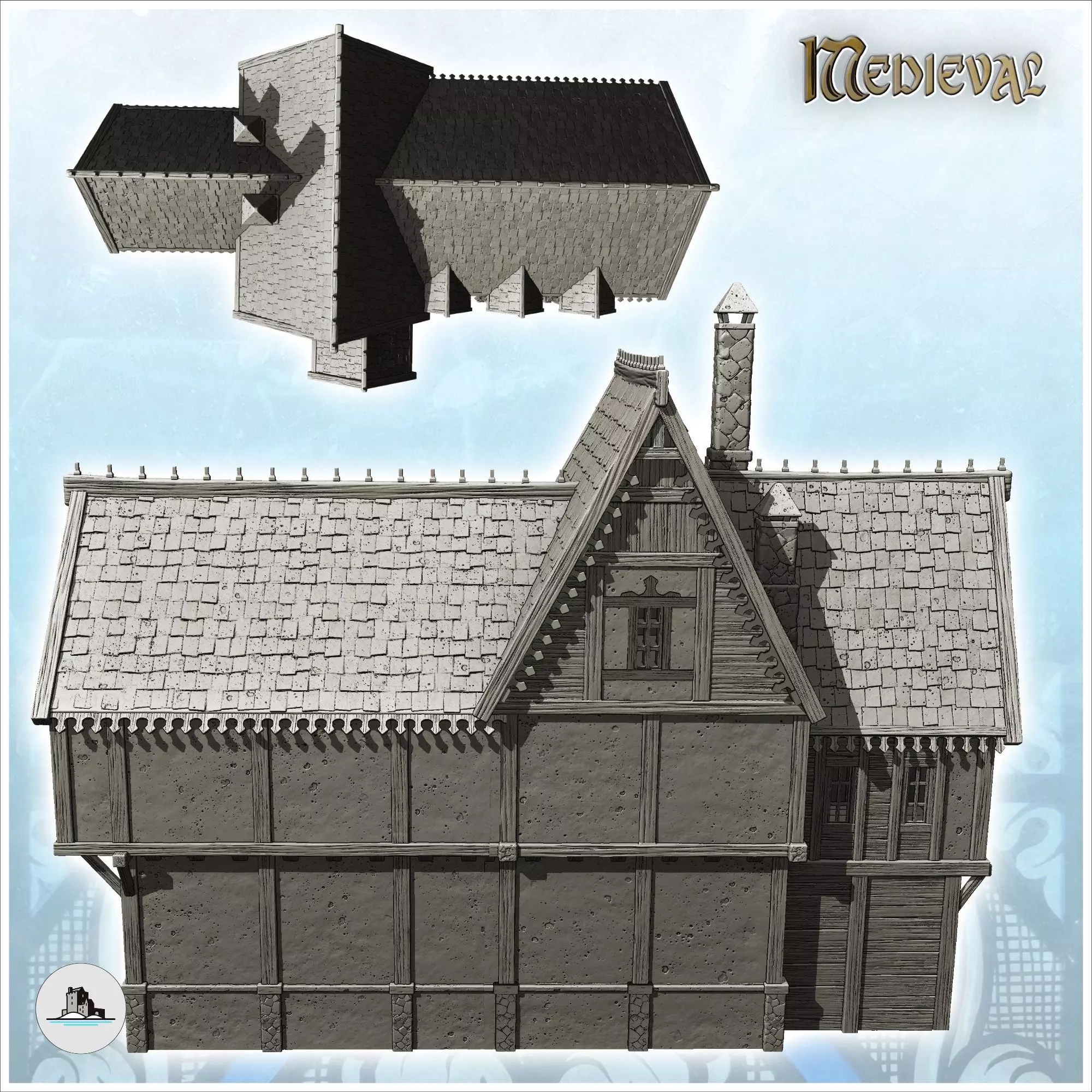 Large medieval residence with entrance under awning and sculpted 3D print model_3