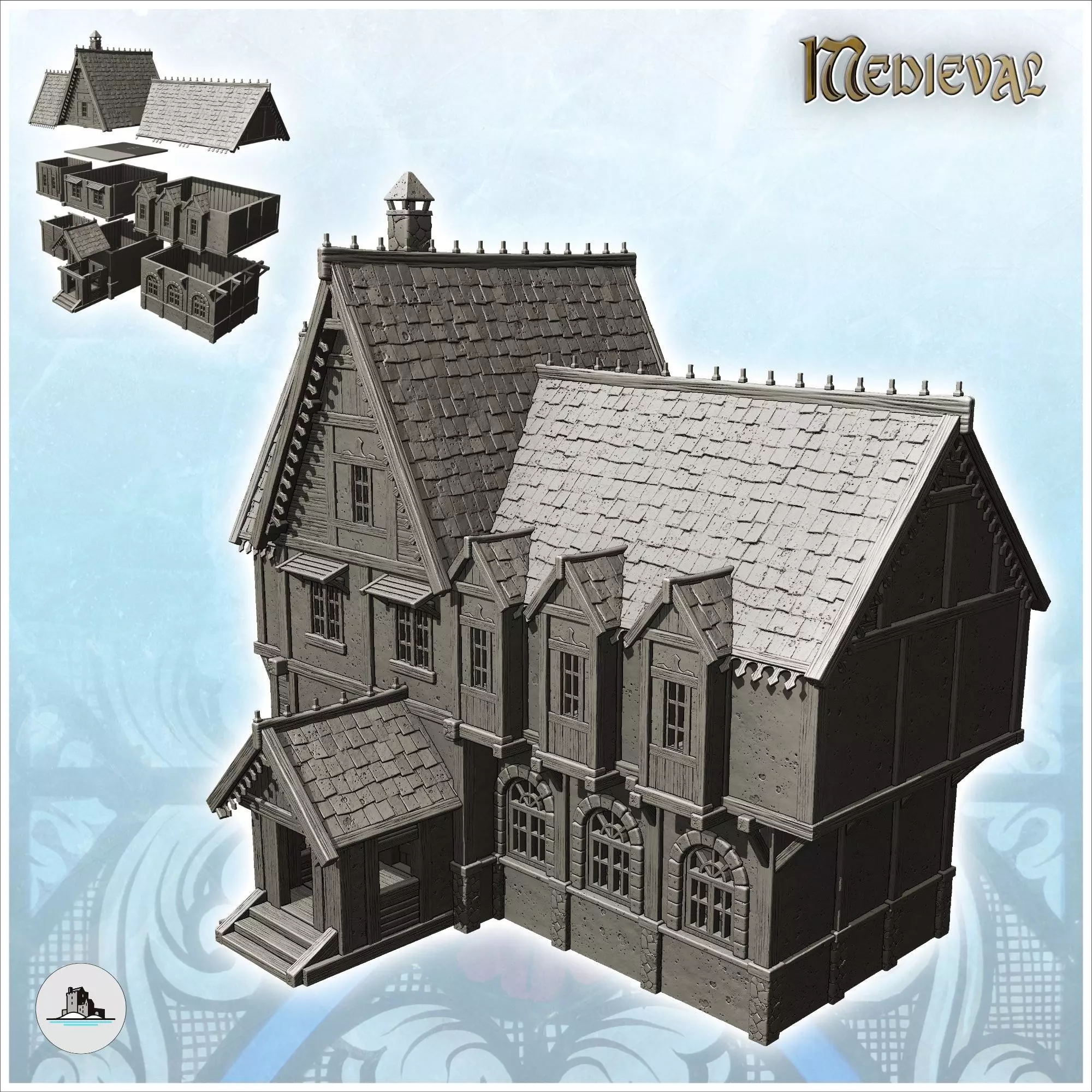 Large medieval residence with entrance under awning and sculpted 3D print model_0