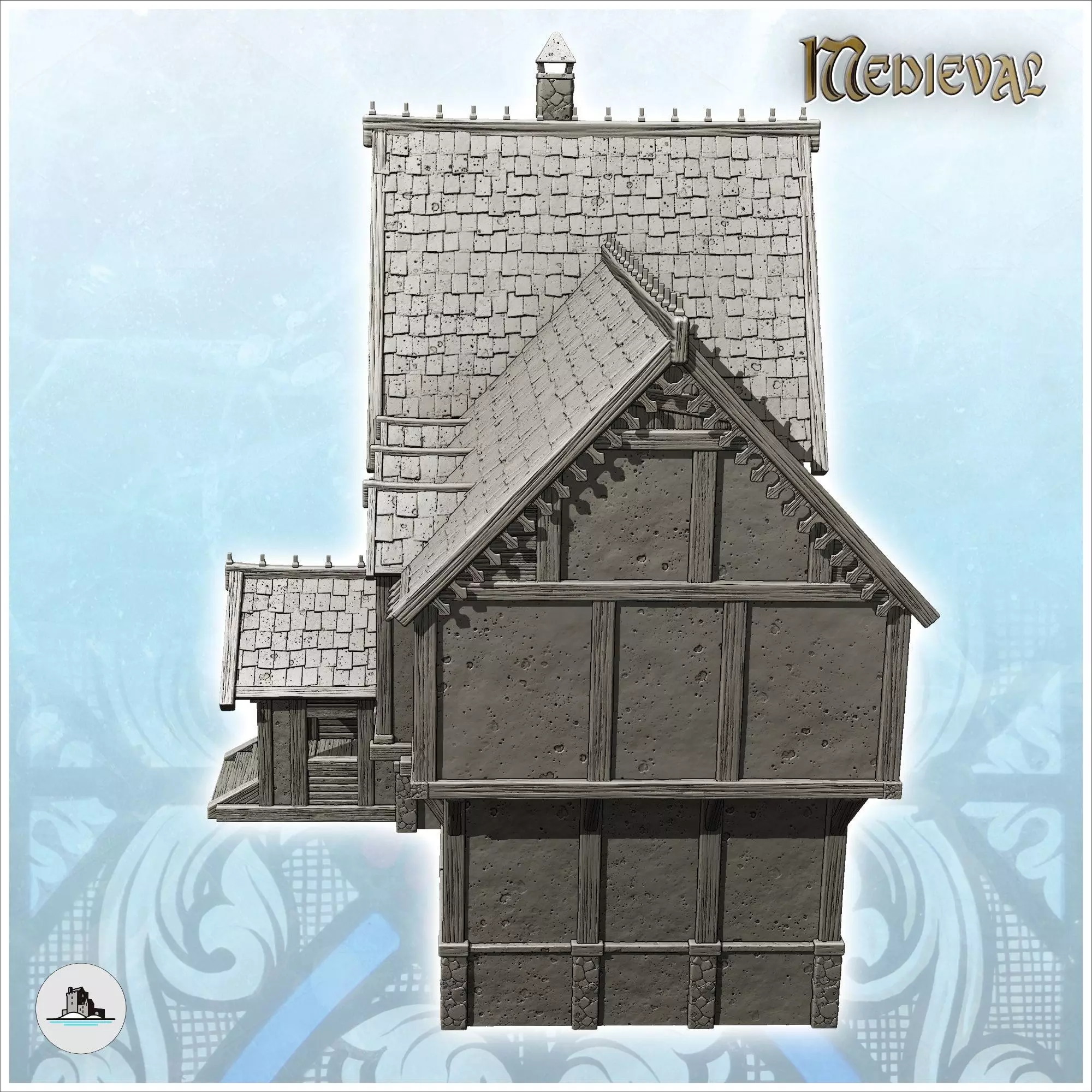 Large medieval residence with entrance under awning and sculpted 3D print model_4