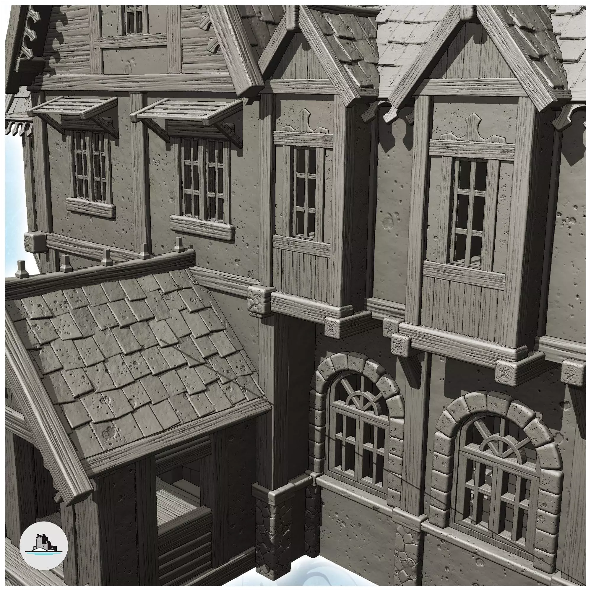 Large medieval residence with entrance under awning and sculpted 3D print model_5