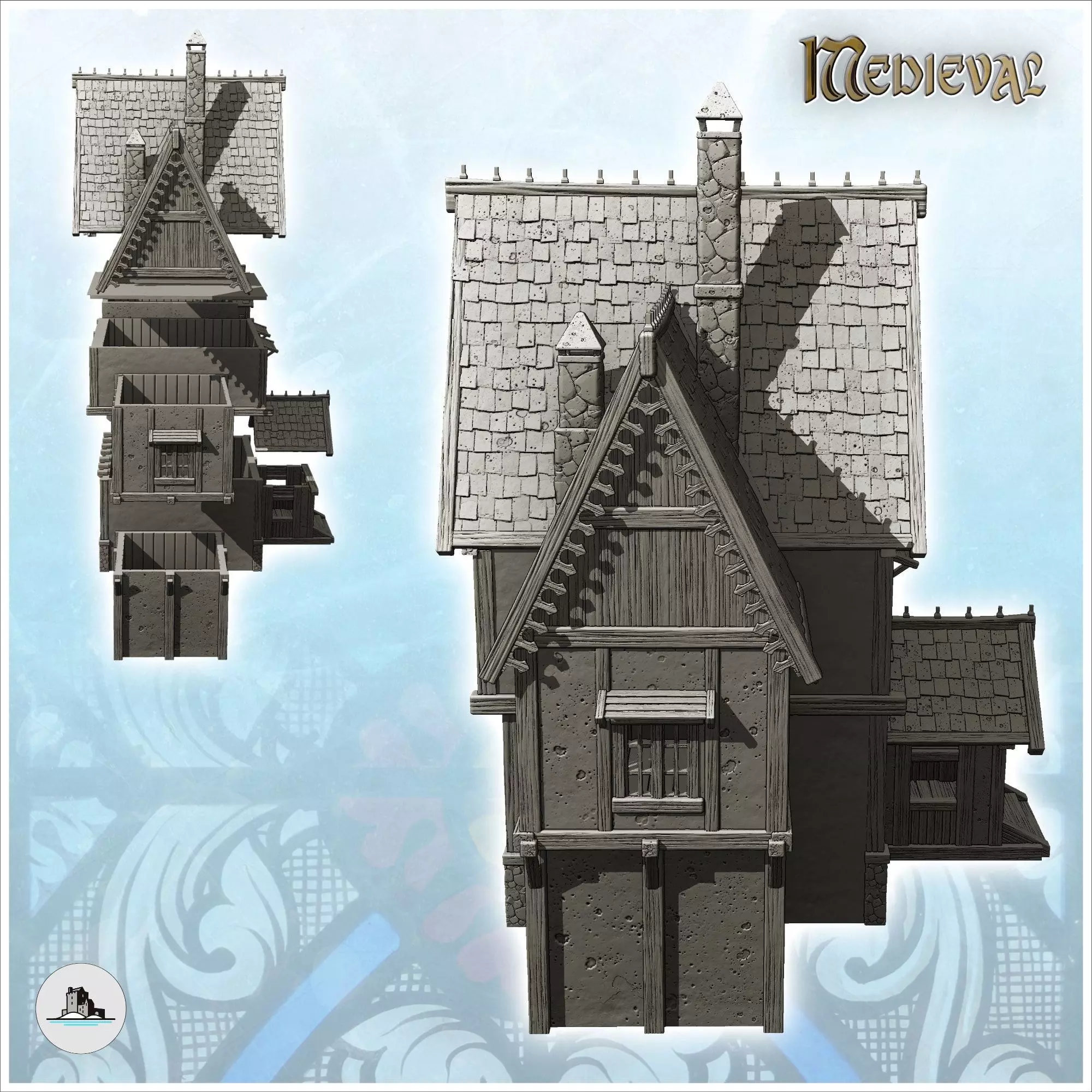 Large medieval residence with entrance under awning and sculpted 3D print model_2