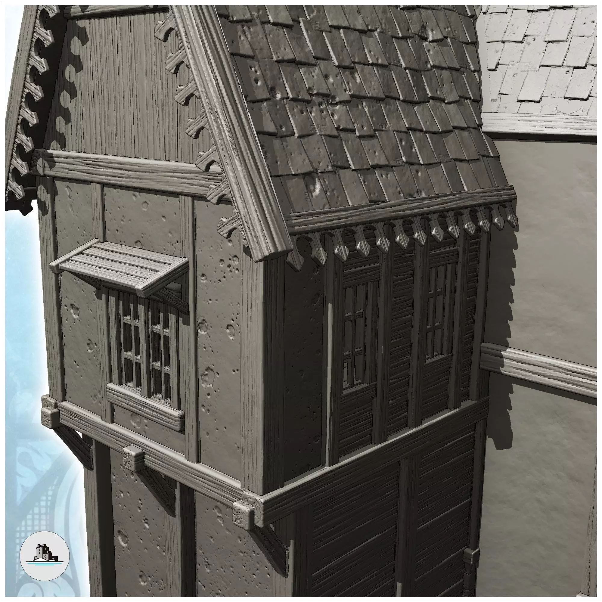 Large medieval residence with entrance under awning and sculpted 3D print model_6