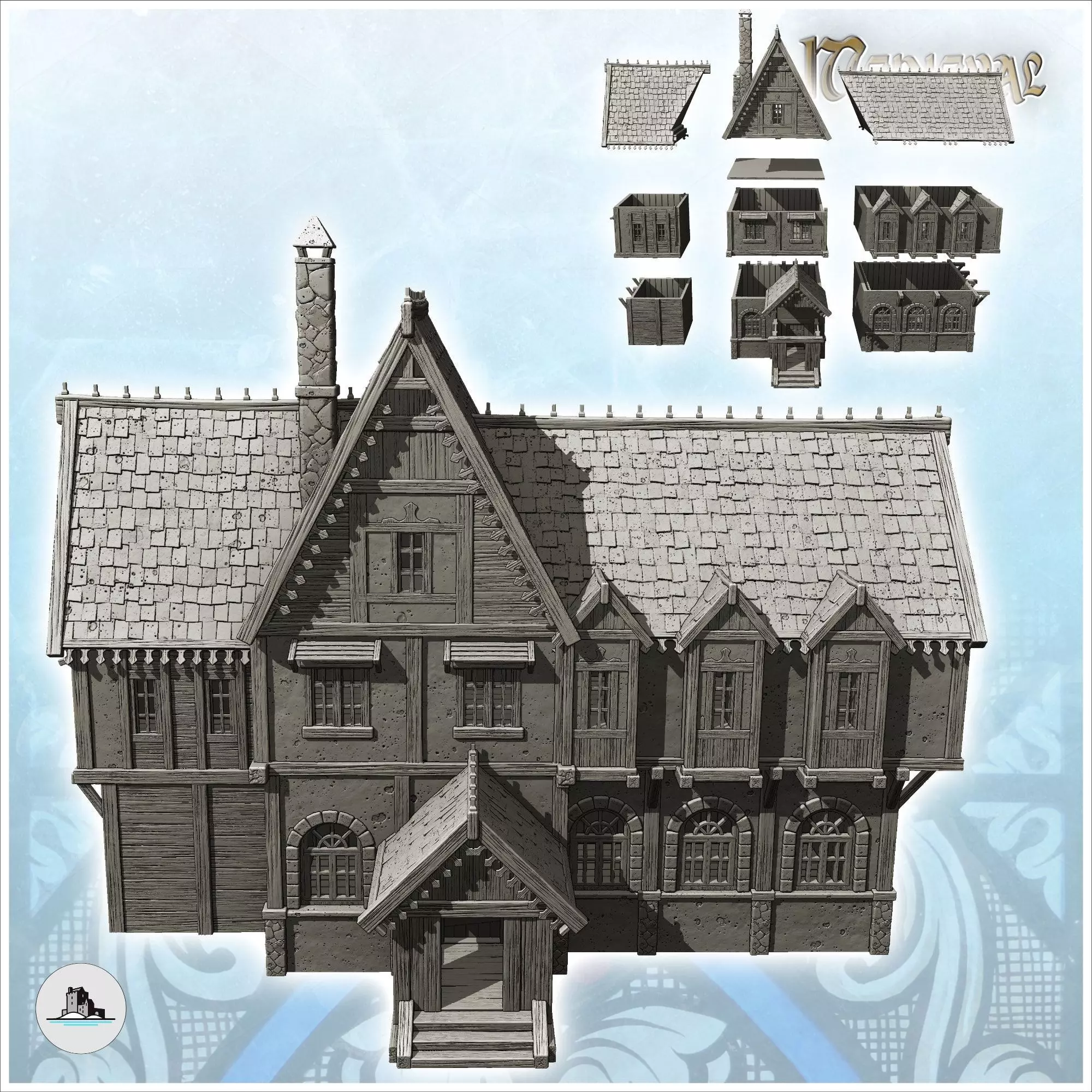 Large medieval residence with entrance under awning and sculpted 3D print model_1