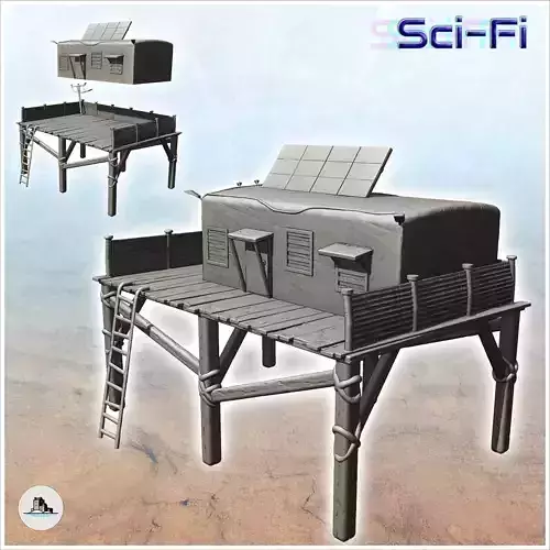 Post-apocalyptic house on stilts with solar panels and access la 3D print model