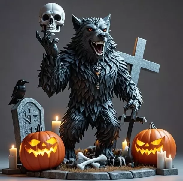 2622COLOR Werewolf Howling with Skull 3D Model Halloween 3D print model_6