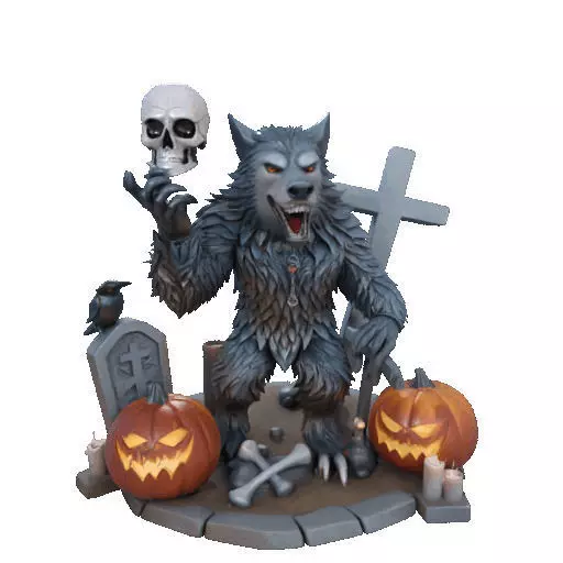 2622COLOR Werewolf Howling with Skull 3D Model Halloween 3D print model_8