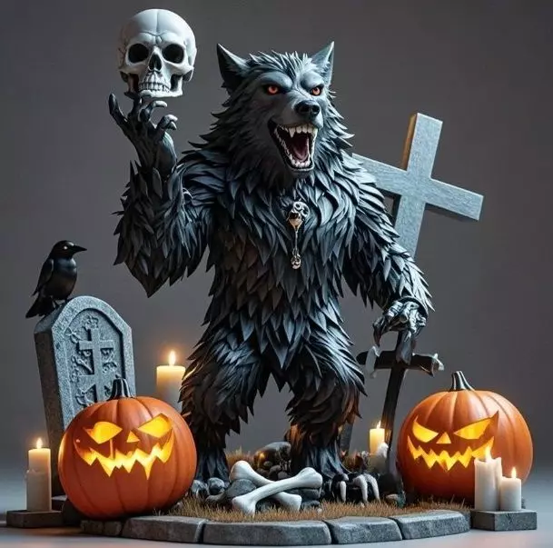 2622COLOR Werewolf Howling with Skull 3D Model Halloween 3D print model_5