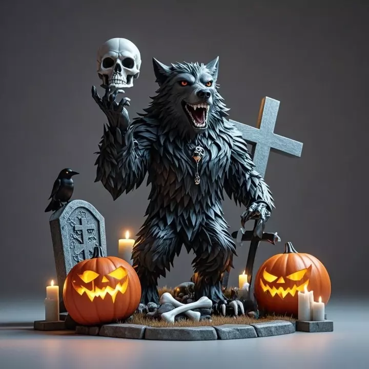 2622COLOR Werewolf Howling with Skull 3D Model Halloween 3D print model_3