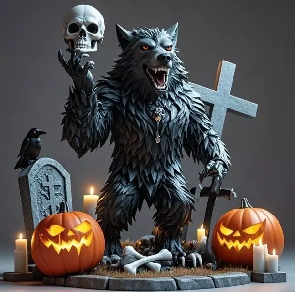 2622COLOR Werewolf Howling with Skull 3D Model Halloween 3D print model_7