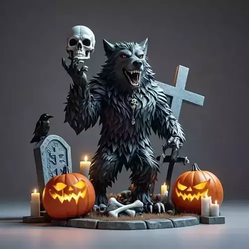 2622COLOR Werewolf Howling with Skull 3D Model Halloween