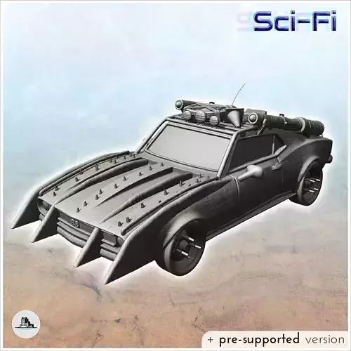 Post-apocalyptic car with four front blades and accessories on t