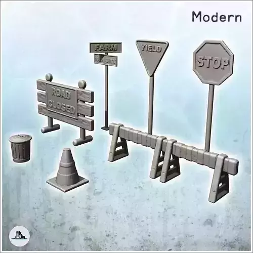 Modern roadworks signage set with signs and barriers 11 3D print model