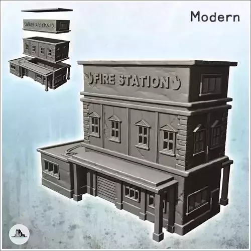 Modern multi-storey fire station with columns and driveway 6 3D print model