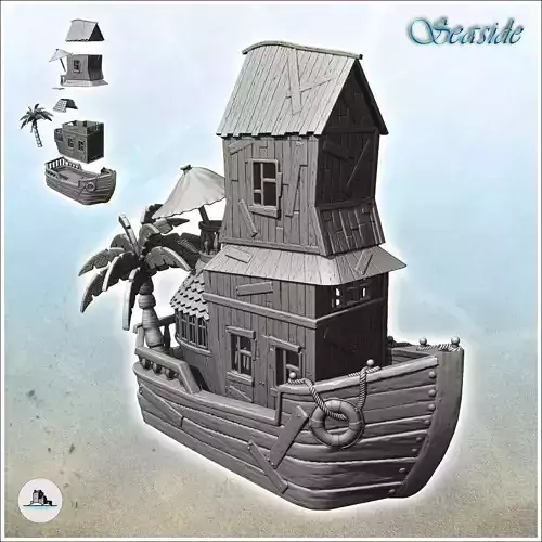 House on boat with parasol and palm tree 1 - Pirate Jungle Islan