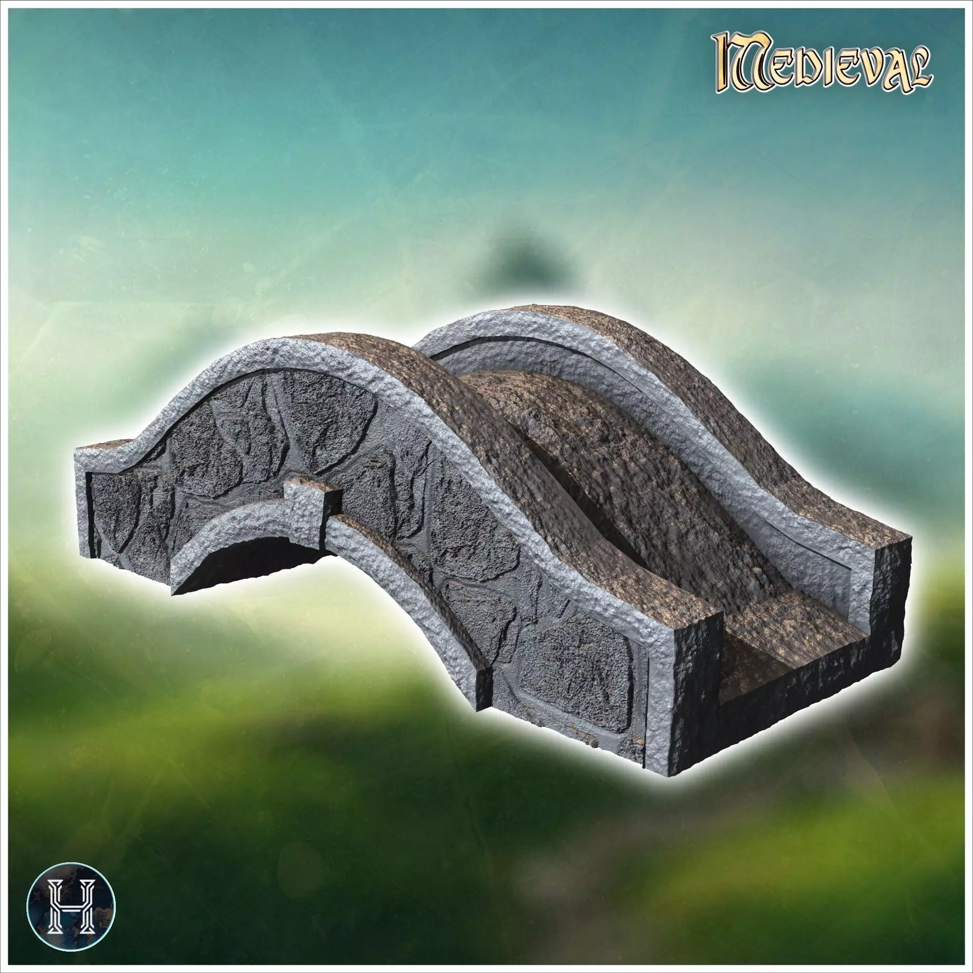 Rounded stone bridge with railing 3 - Medieval Gothic Feudal Old 3D print model_0