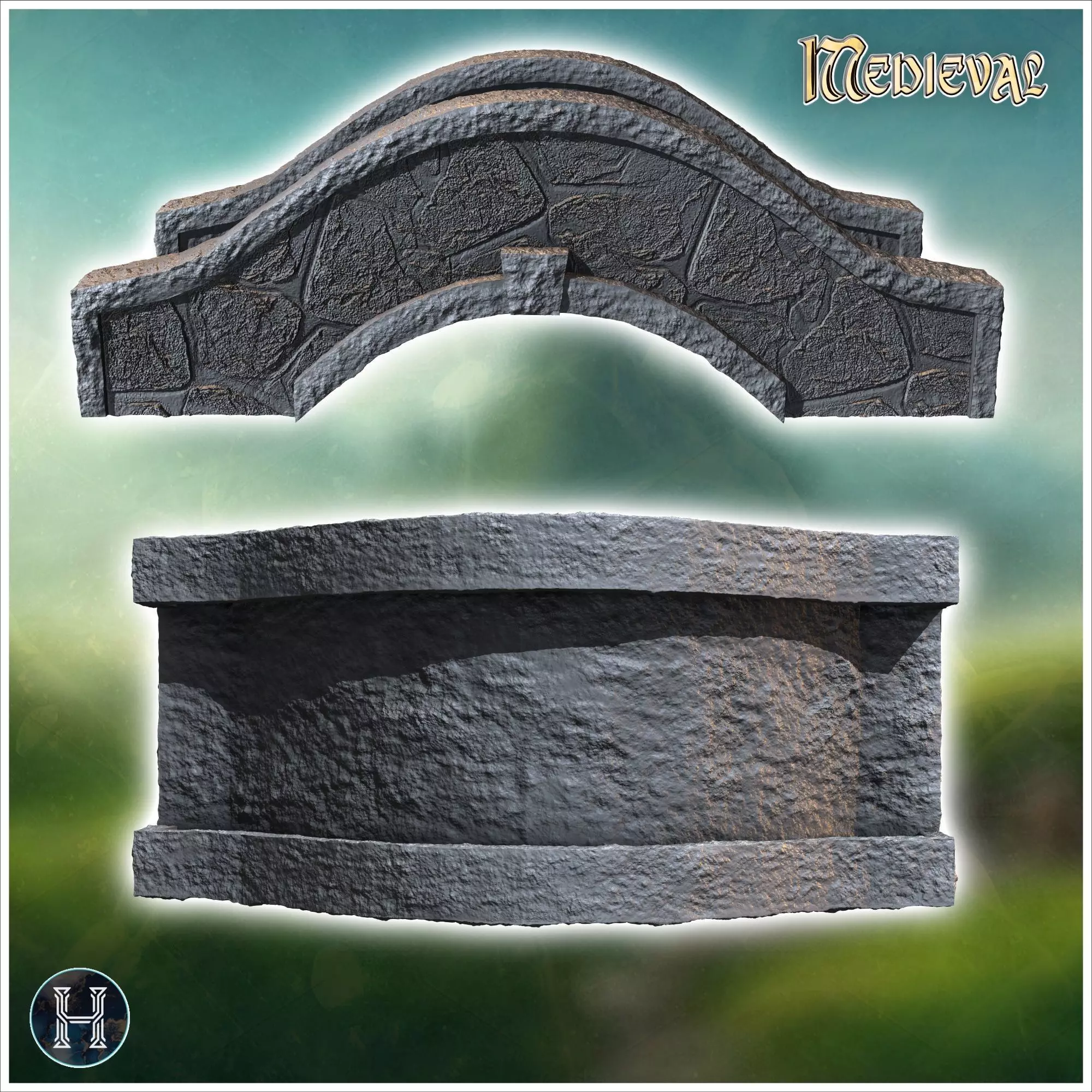 Rounded stone bridge with railing 3 - Medieval Gothic Feudal Old 3D print model_2