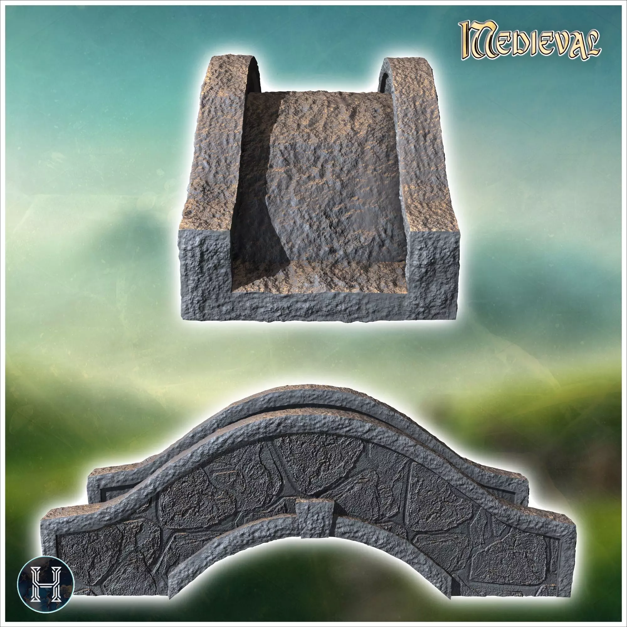 Rounded stone bridge with railing 3 - Medieval Gothic Feudal Old 3D print model_1