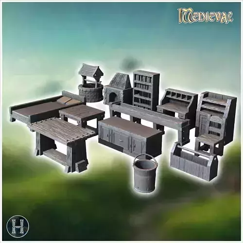 Various wooden furniture including tables benches a well and sto