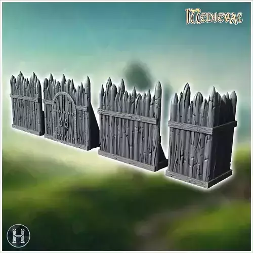 Tall wooden palisade with pointed stakes and an integrated gate 