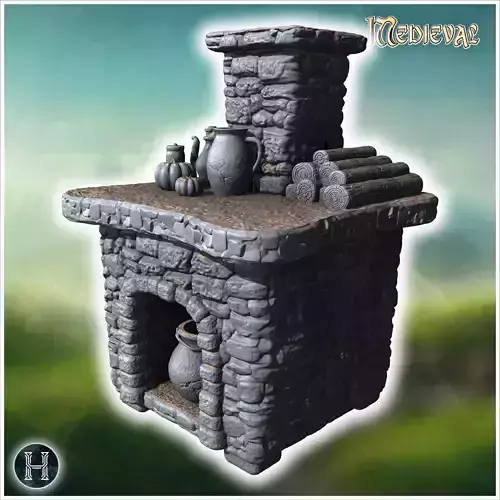 Stone fireplace structure with ceramic pots stacked logs and a s