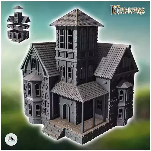 Large medieval house with entrance platform and tiled roof 1 - M