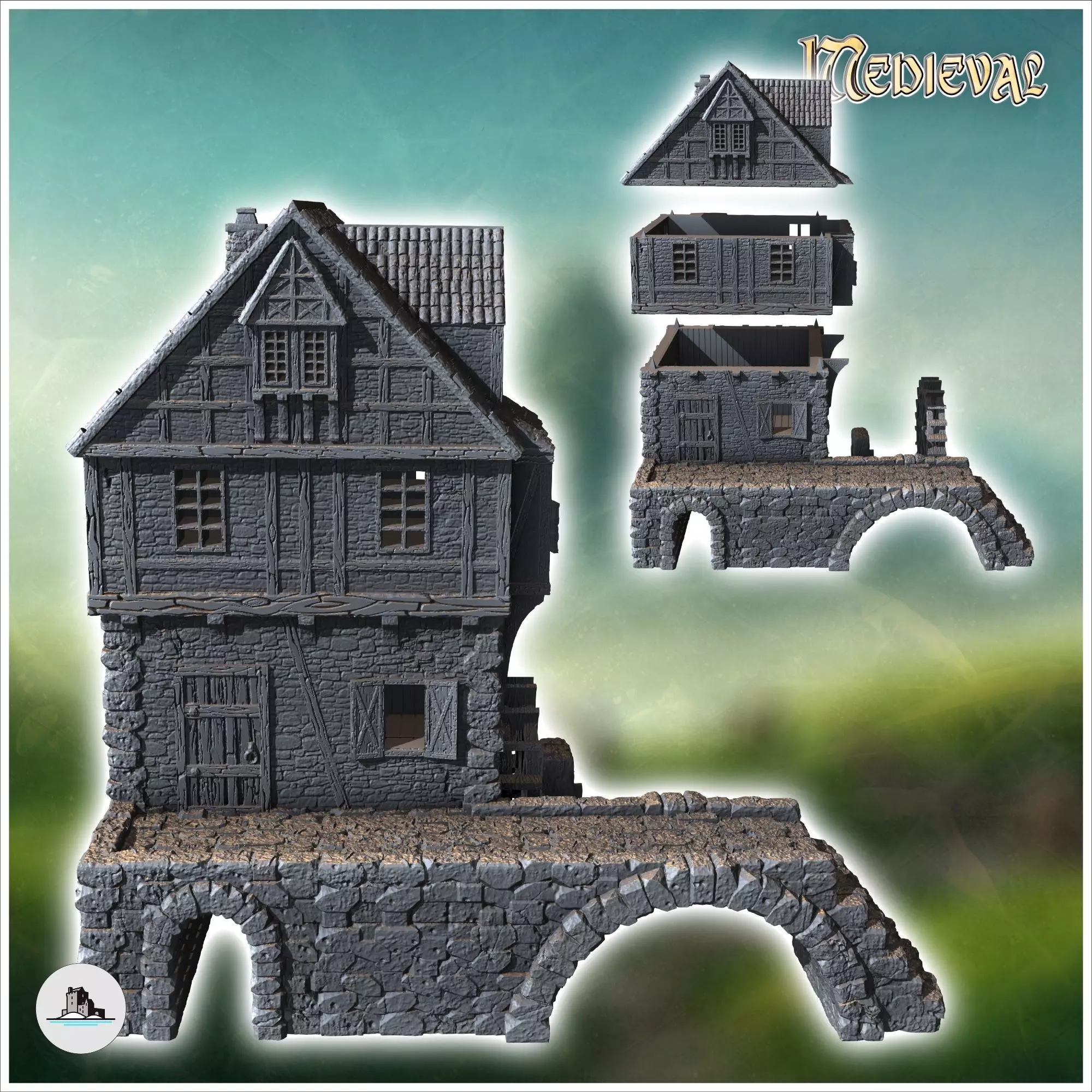 Medieval mill with stone bridge and outdoor fireplace 3 - Mediev 3D print model_2