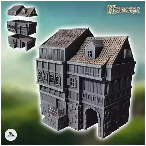 Large medieval building with railed access staircase and stone a