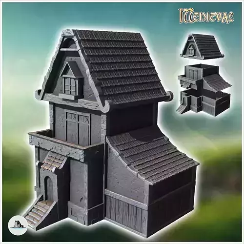 Medieval concave-roofed building with annex and access staircase 3D print model