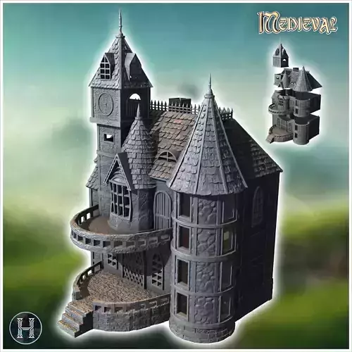 Large medieval residence with wide arched balcony and stone cloc